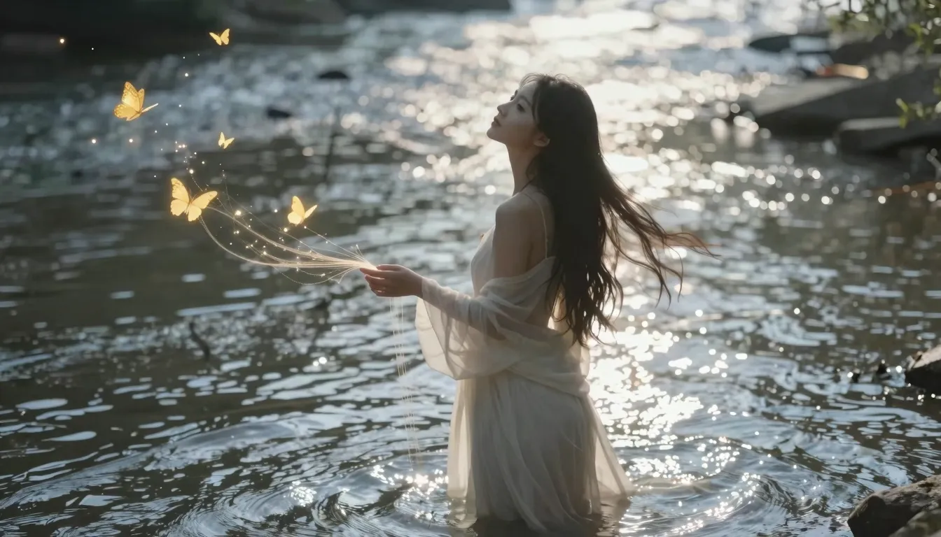 A beautiful, serene woman standing in a river of light. Her ...