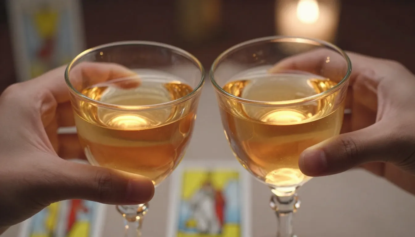 Two beautiful cups clinking together, glowing liquid inside,...