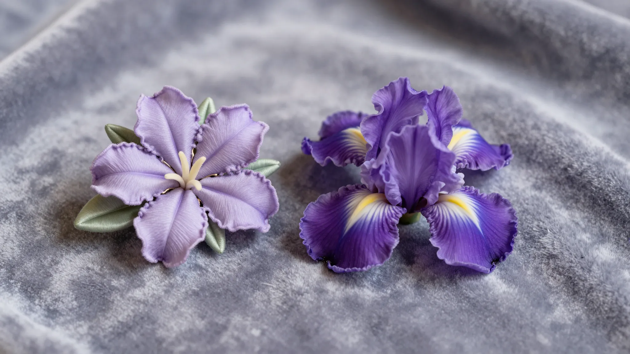 Two exquisite handmade brooches, one lilac and one iris, lyi...