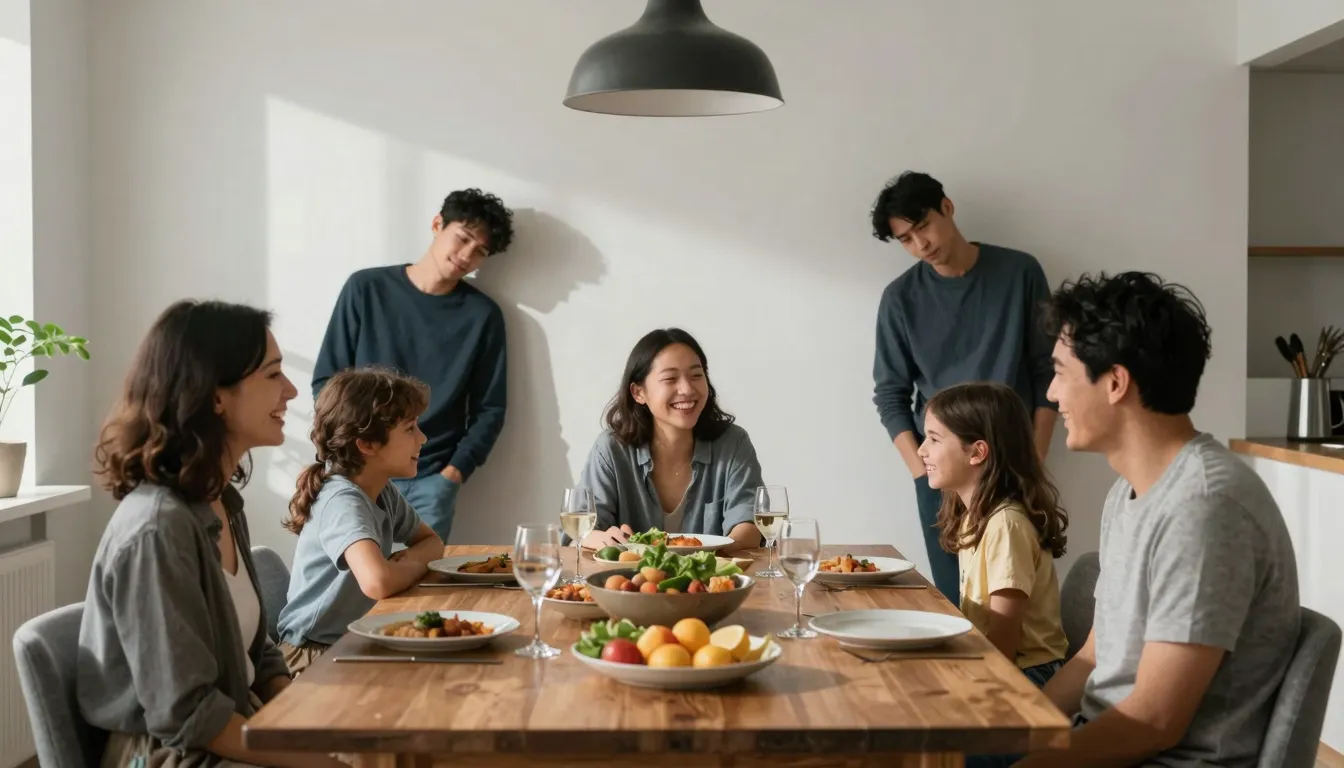 A hyper-realistic photograph of a family sitting at a perfec...