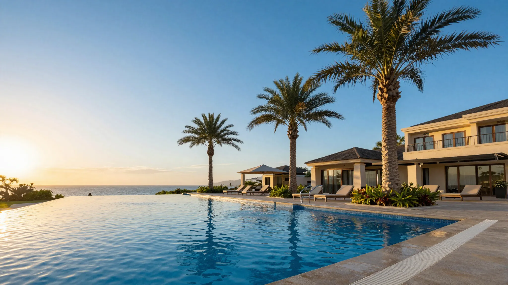 A luxury resort swimming pool at sunset with palm trees and ...