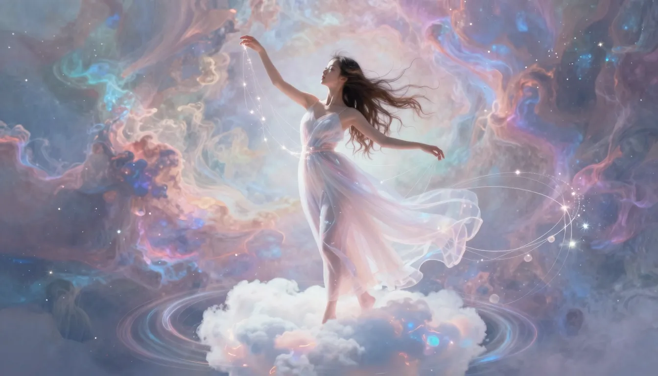 A graceful young woman with flowing hair standing on a trans...