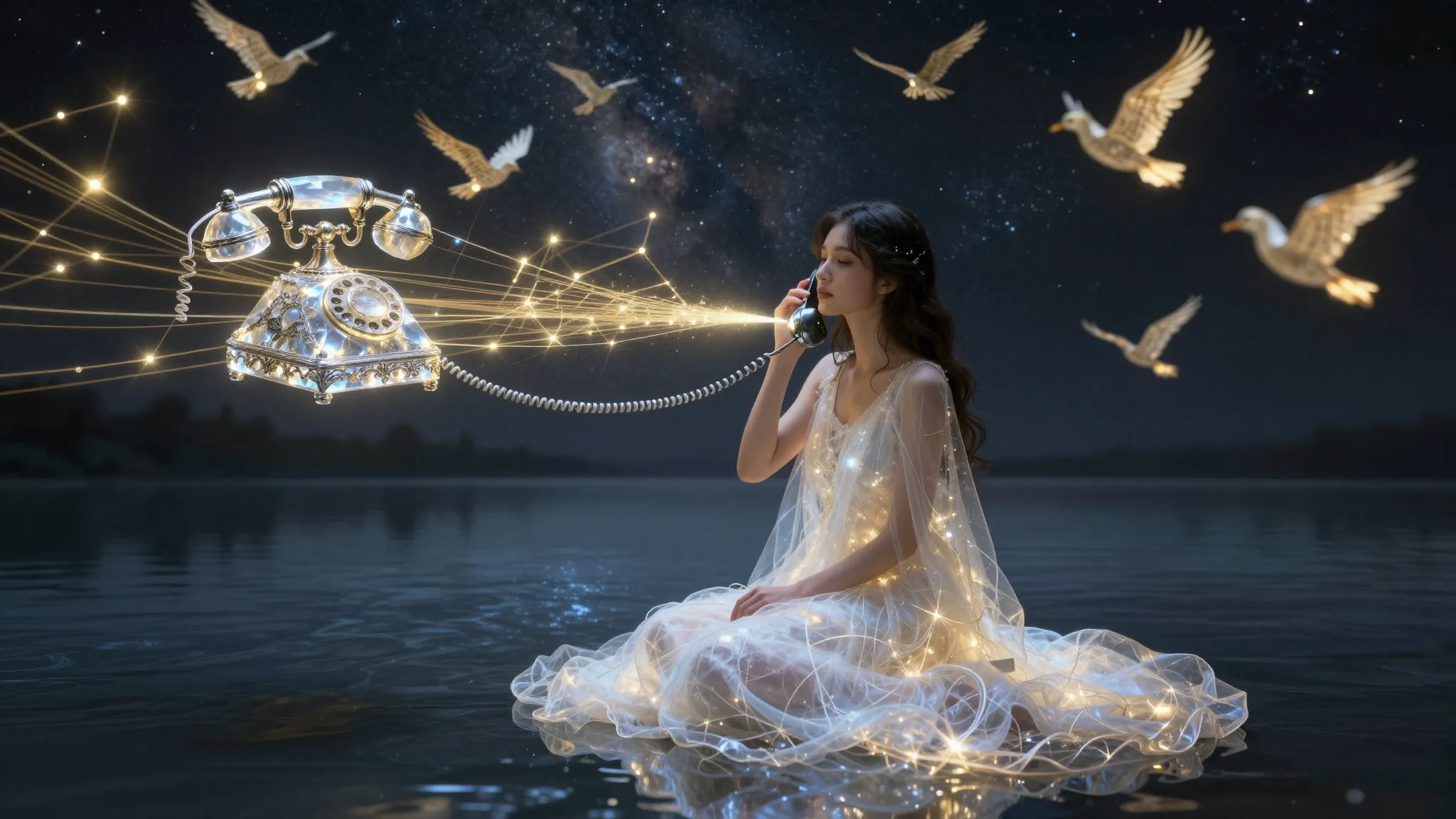 A surreal and magical scene of a woman waiting for a call. S...