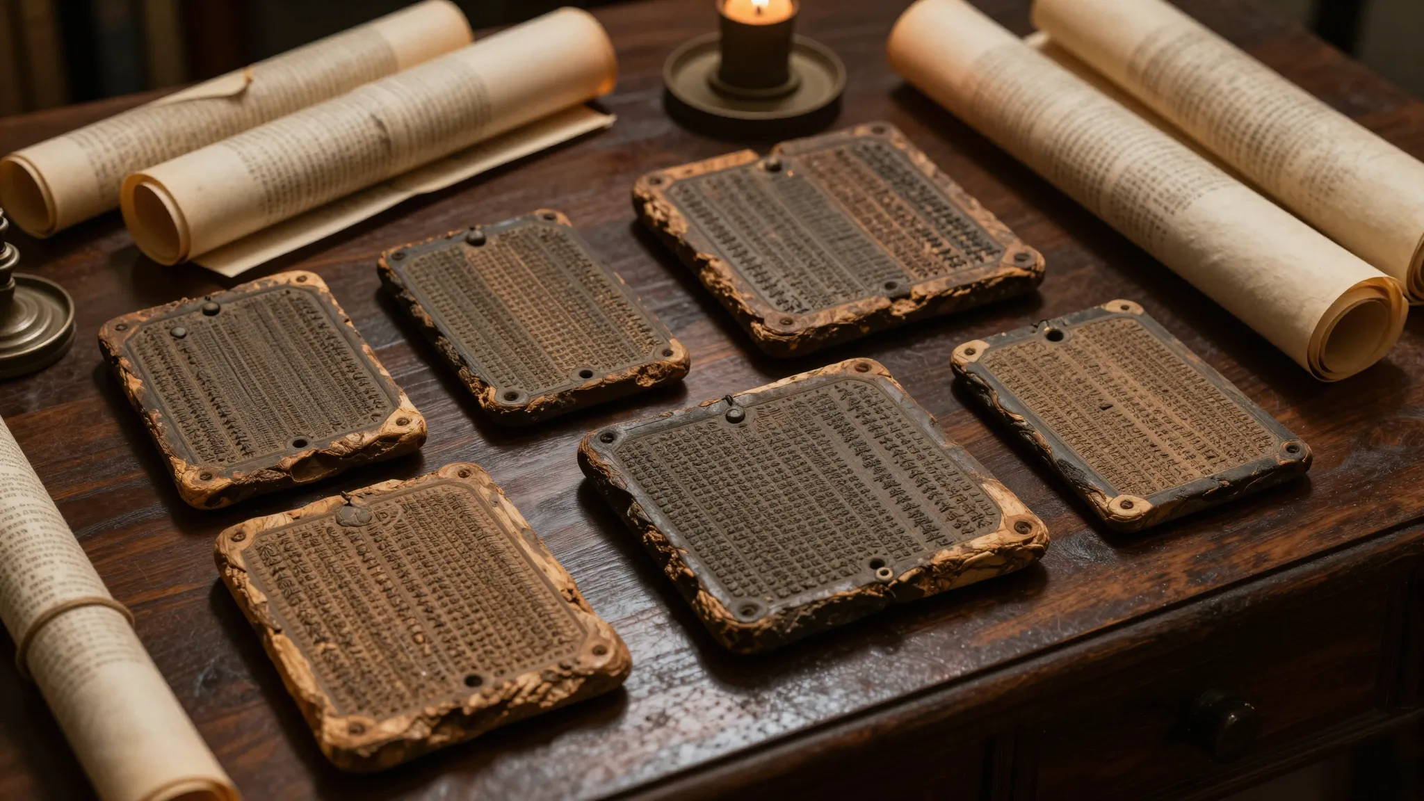 A collection of ancient wooden book tablets spread out on a ...