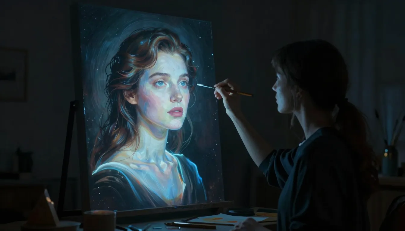 A surreal image of a person painting a glowing portrait in t...
