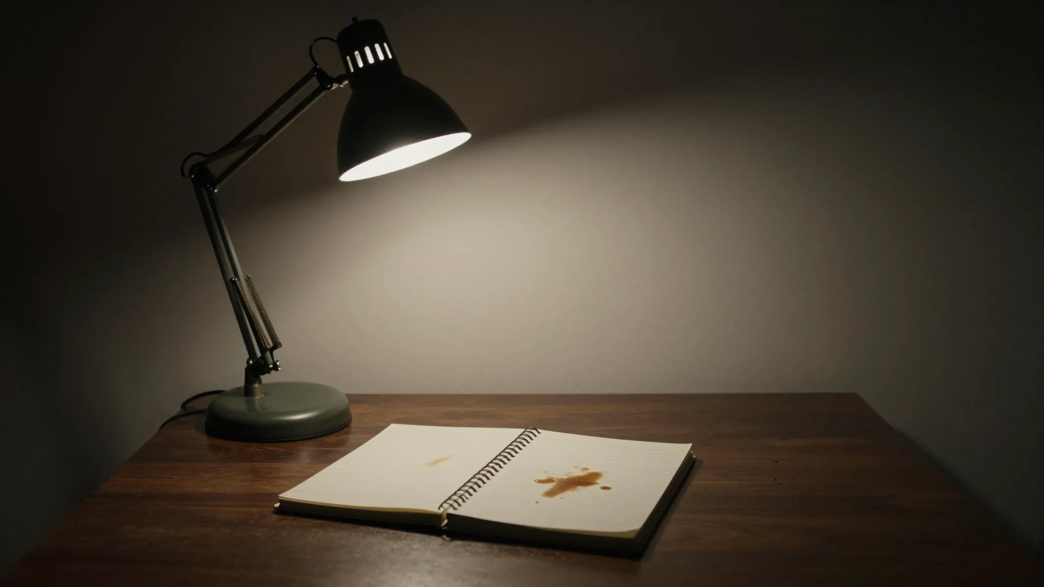 A dark room at night, a single desk lamp illuminating a note...
