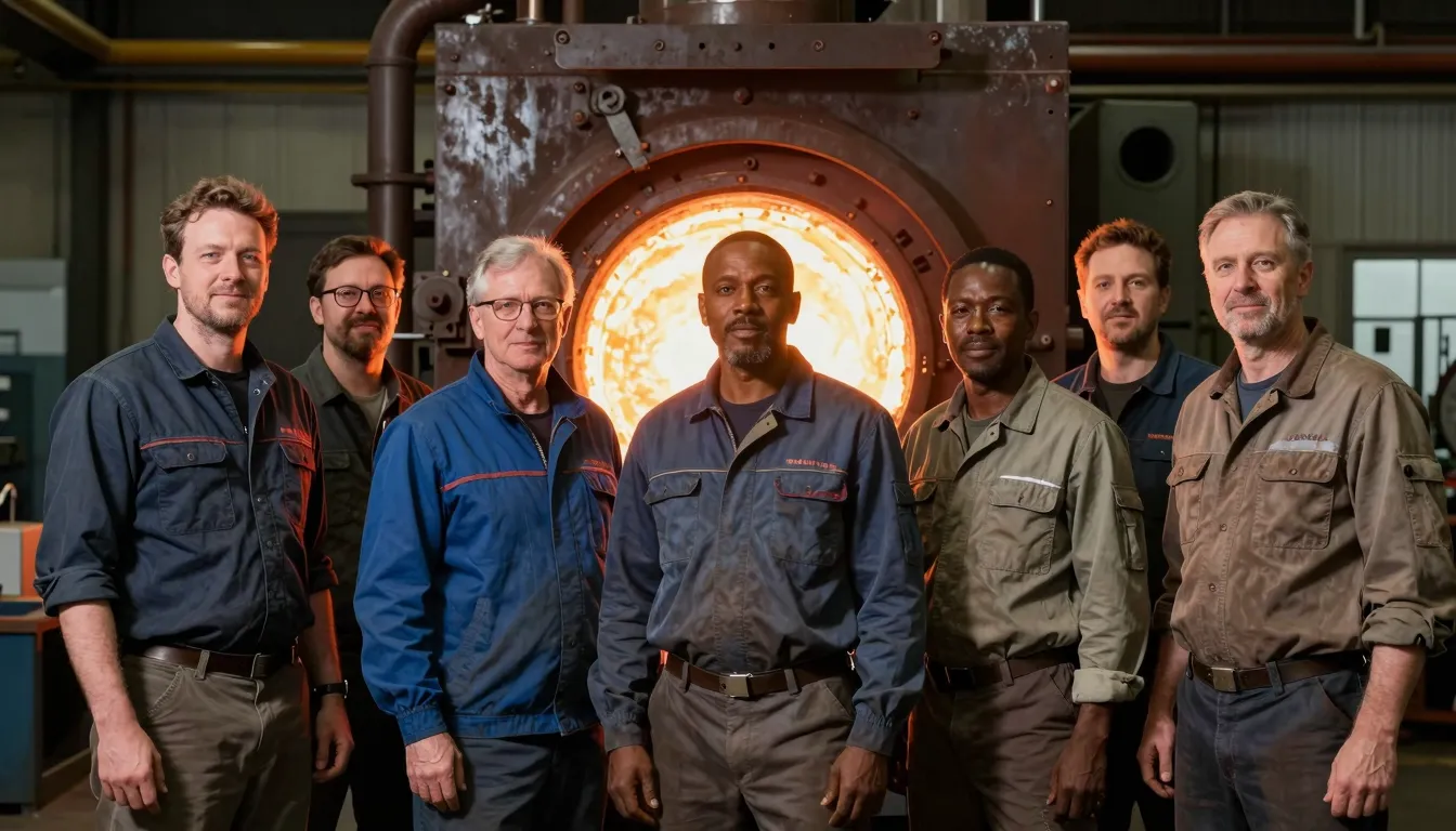 A heroic portrait of a group of diverse metallurgists in pro...