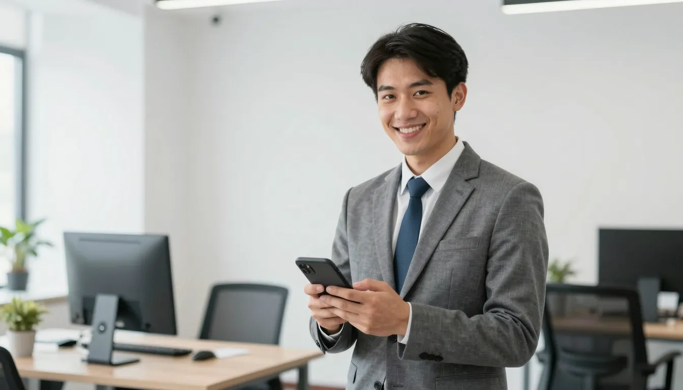 A friendly male recruiter holding a smartphone in a modern o...