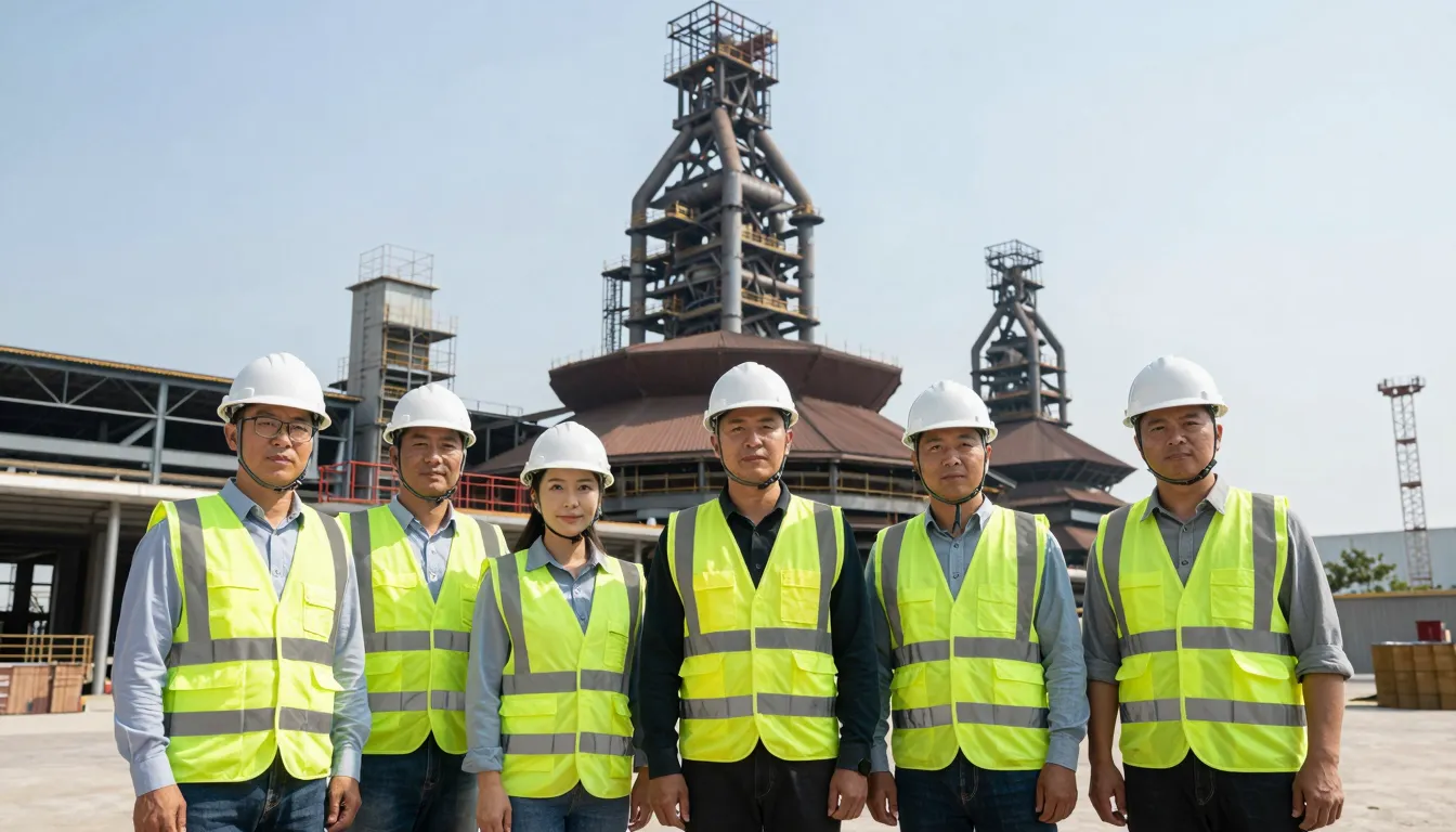 Group of professional construction workers in helmets and hi...