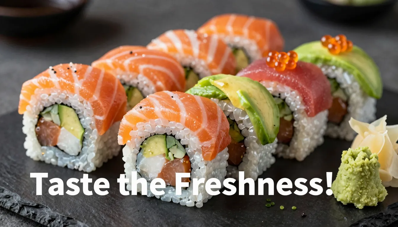 A close-up, mouth-watering shot of various sushi rolls and s...
