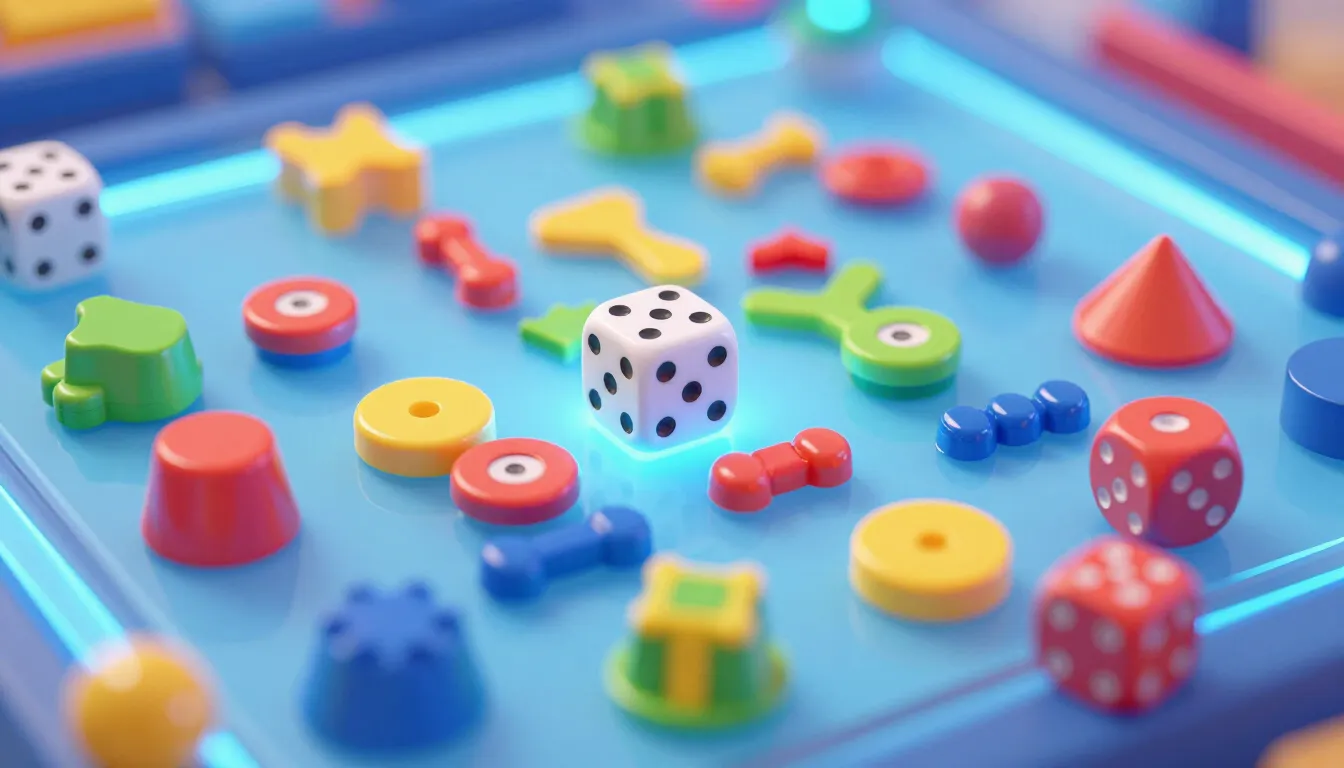 Bright colorful game pieces and dice on a glowing digital su...