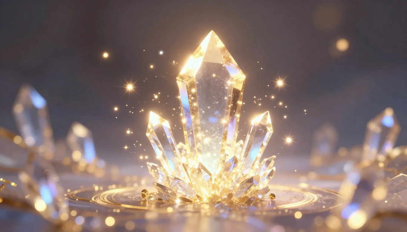 Magical visual effects, glowing golden sparks, floating crys...