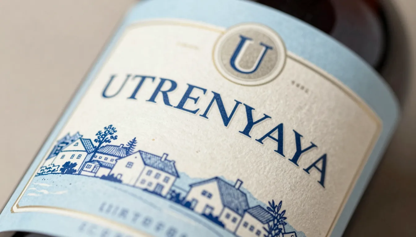 Macro shot of a bottle label, light blue and cream color pal...