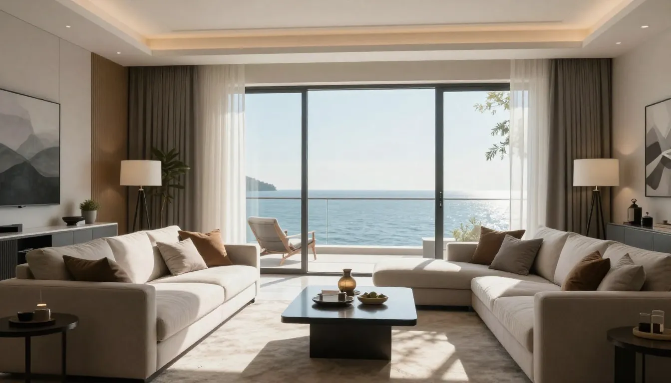 A cozy modern living room with a view of the Black Sea throu...