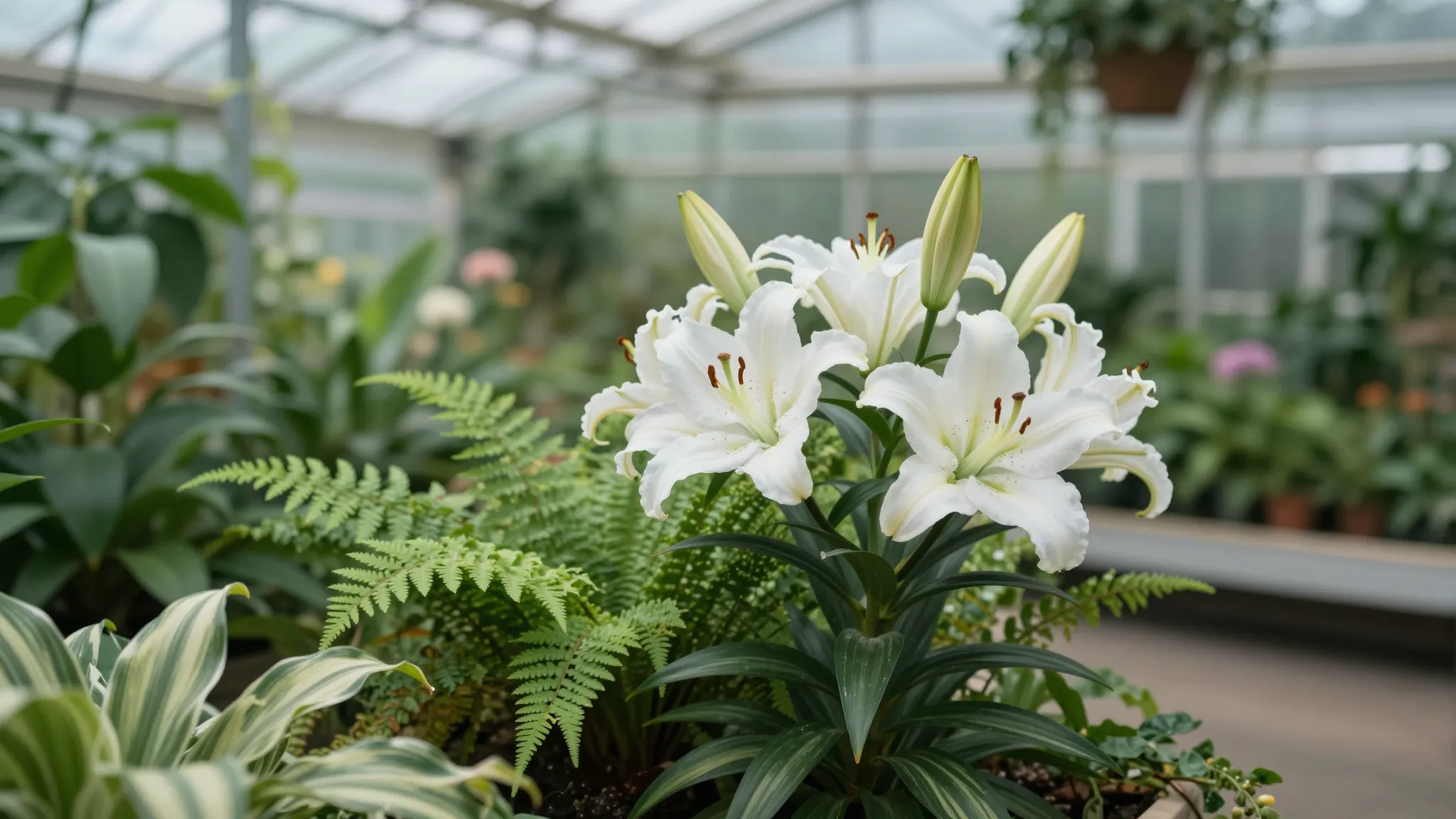 Cinematic wide shot of a modern greenhouse interior, lush gr...