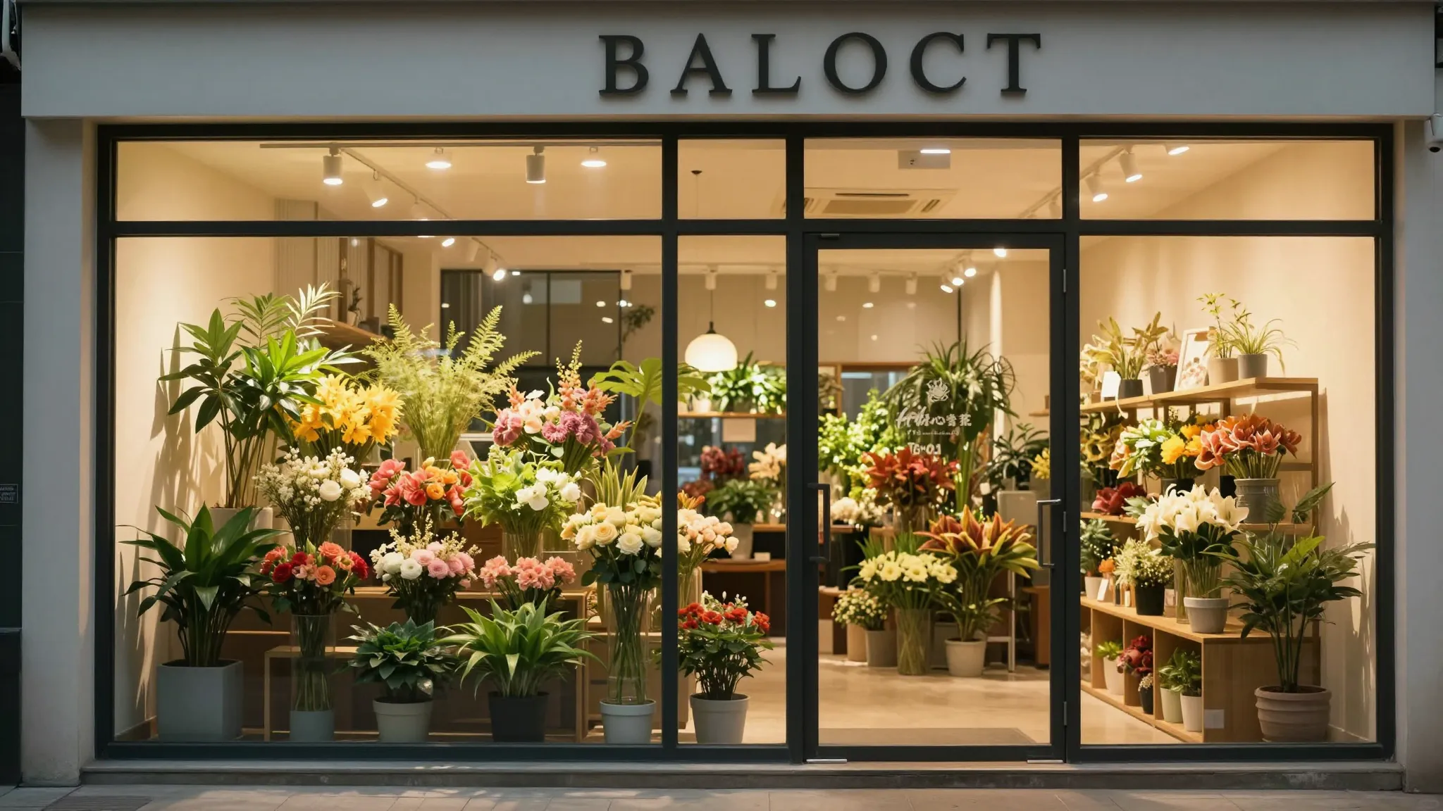 Modern flower shop storefront with large glass windows, warm...