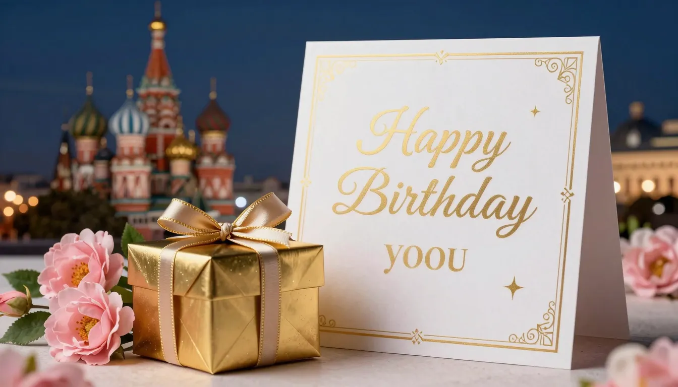 A luxurious birthday greeting card with pink flowers, a gold...