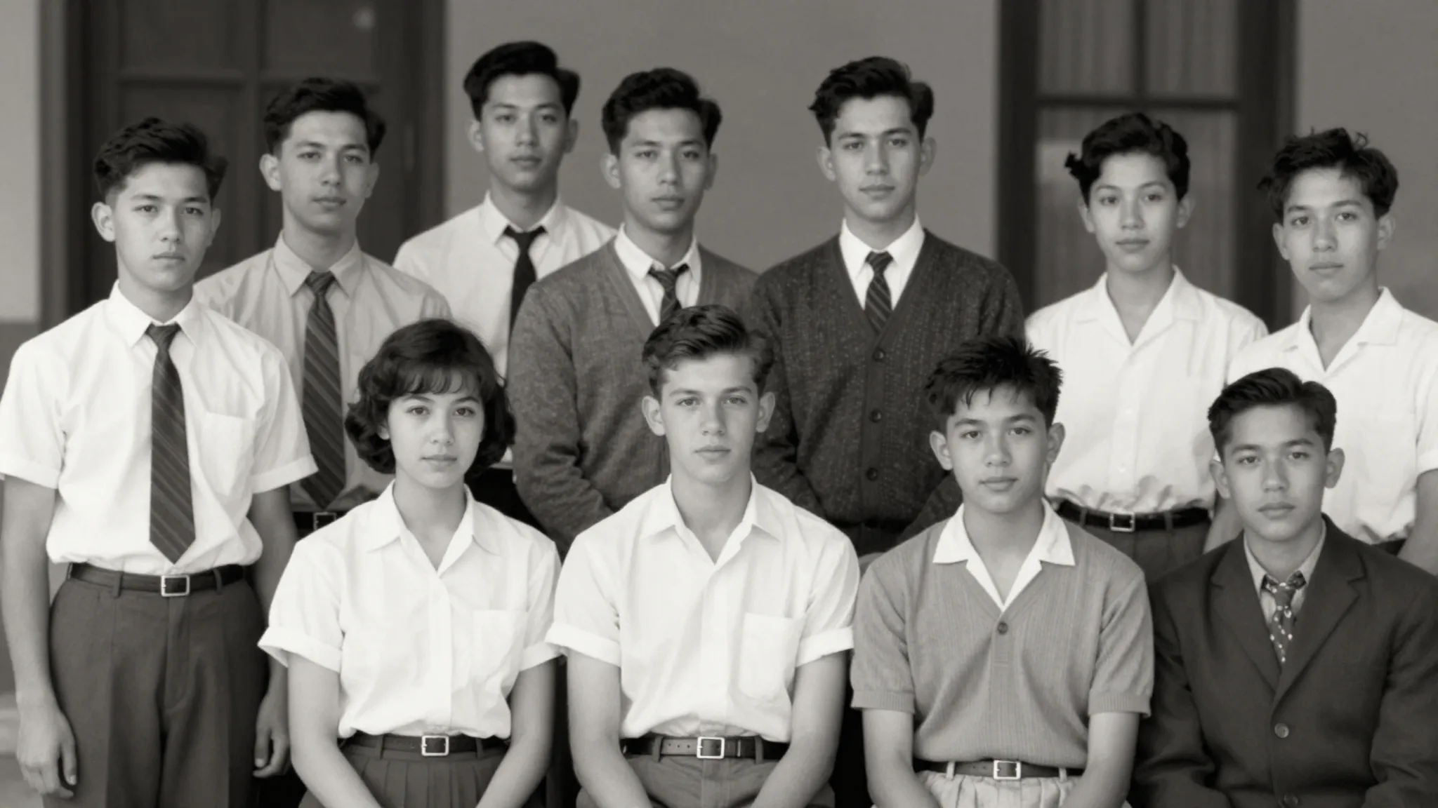 A vintage black and white class photo from the 1980s being r...