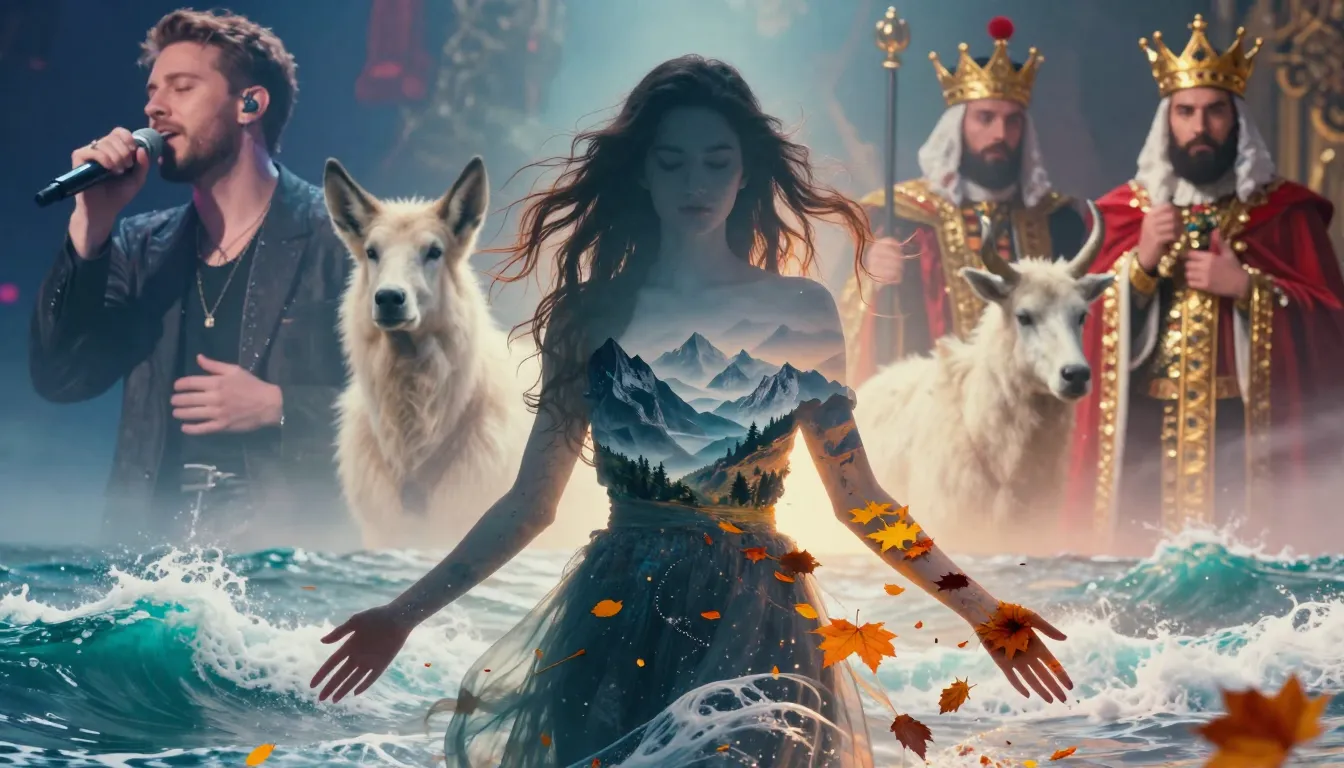 A surreal double exposure masterpiece. A central silhouette ...