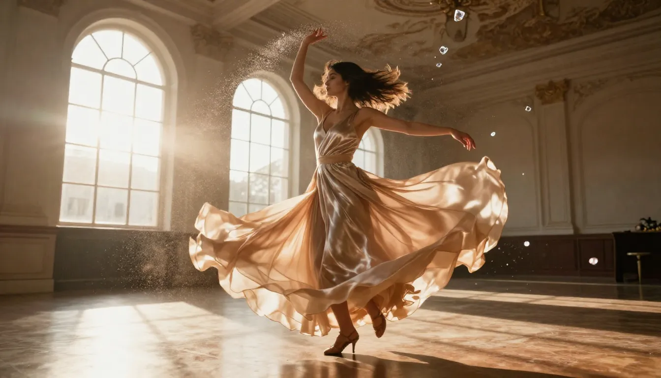 A dynamic shot of a woman in a flowing silk dress dancing in...