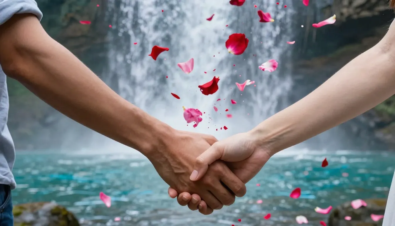 Close-up of a man and woman joining hands, the moment of con...