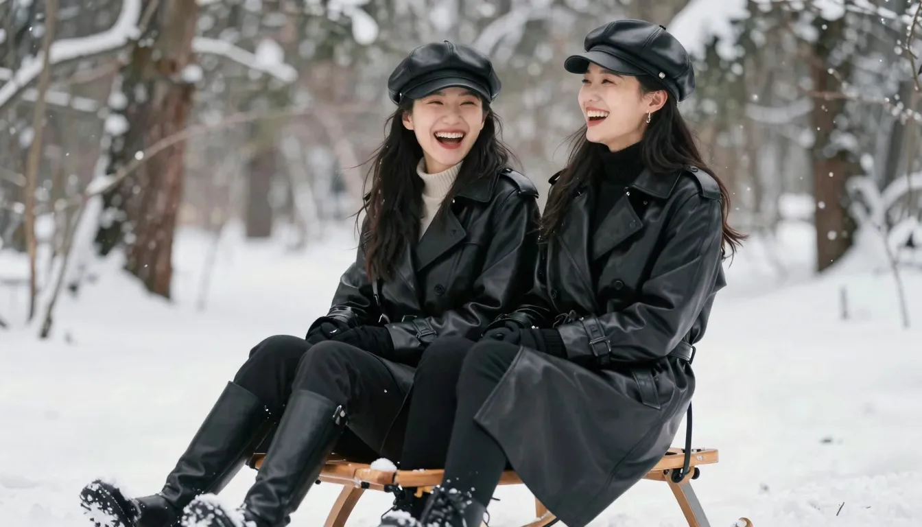 Two joyful young Chinese women friends sitting on a wooden s...