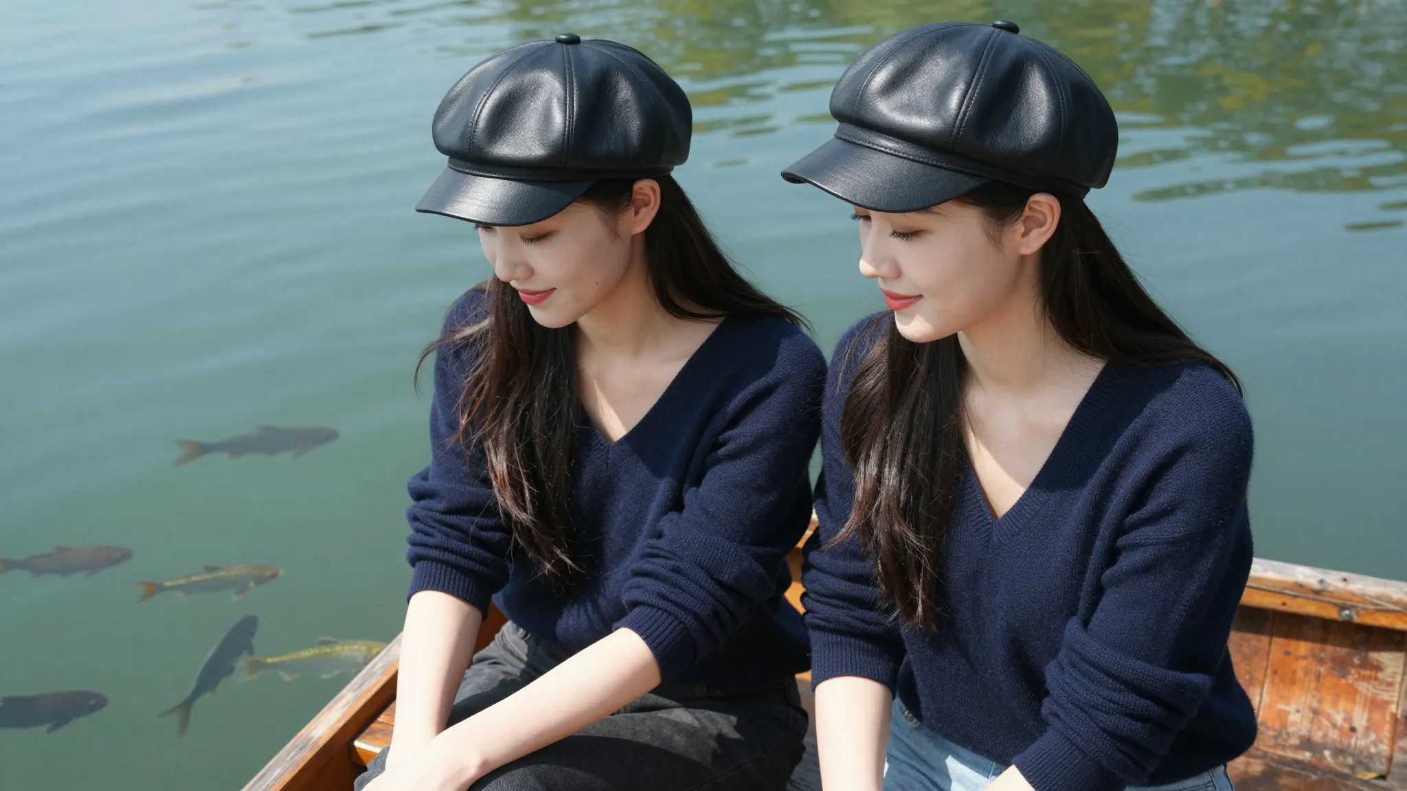 Two beautiful slender Chinese women sitting on wooden benche...