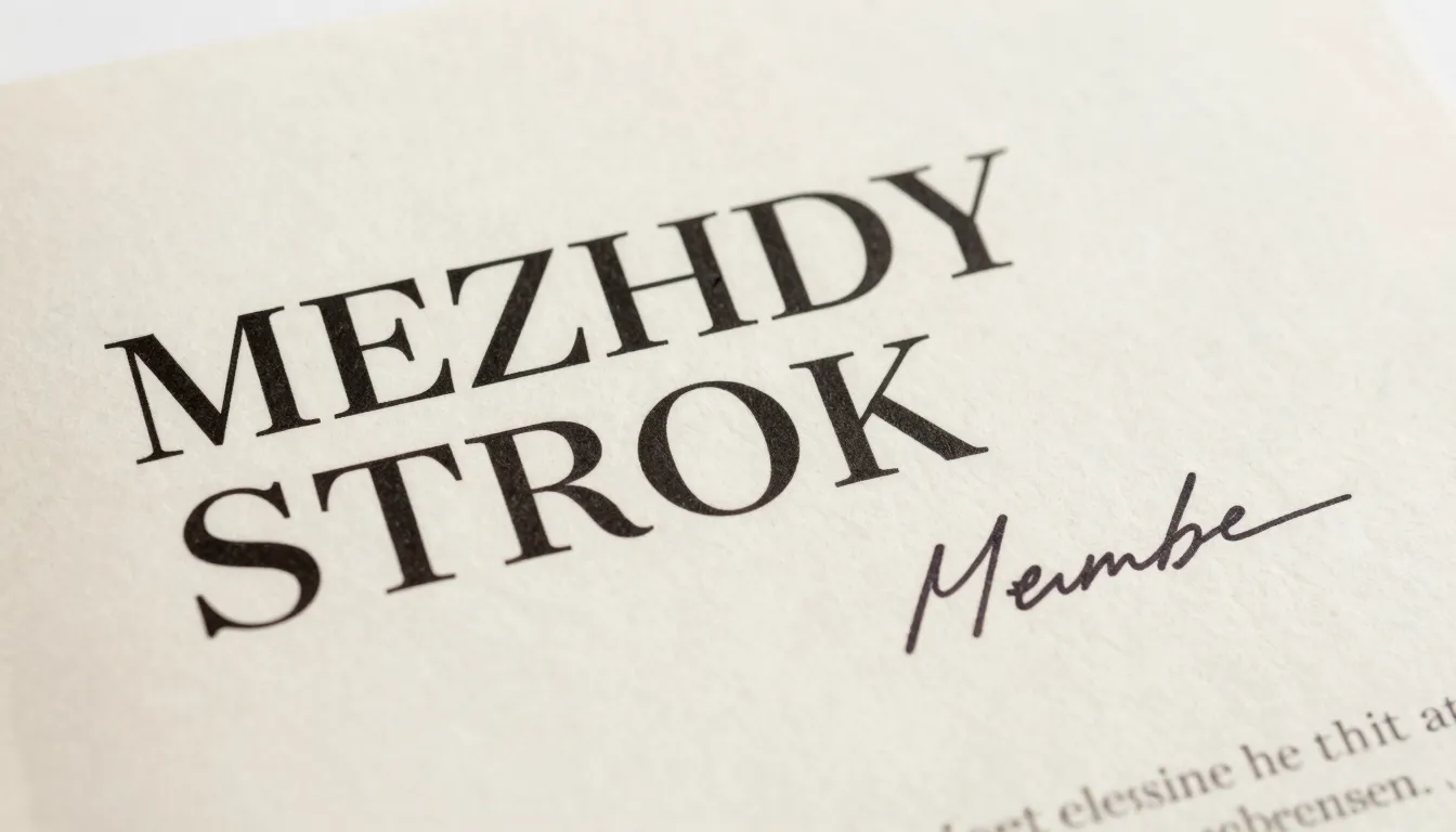 Close-up of a luxury magazine title 'MEZHDY STROK' printed o...
