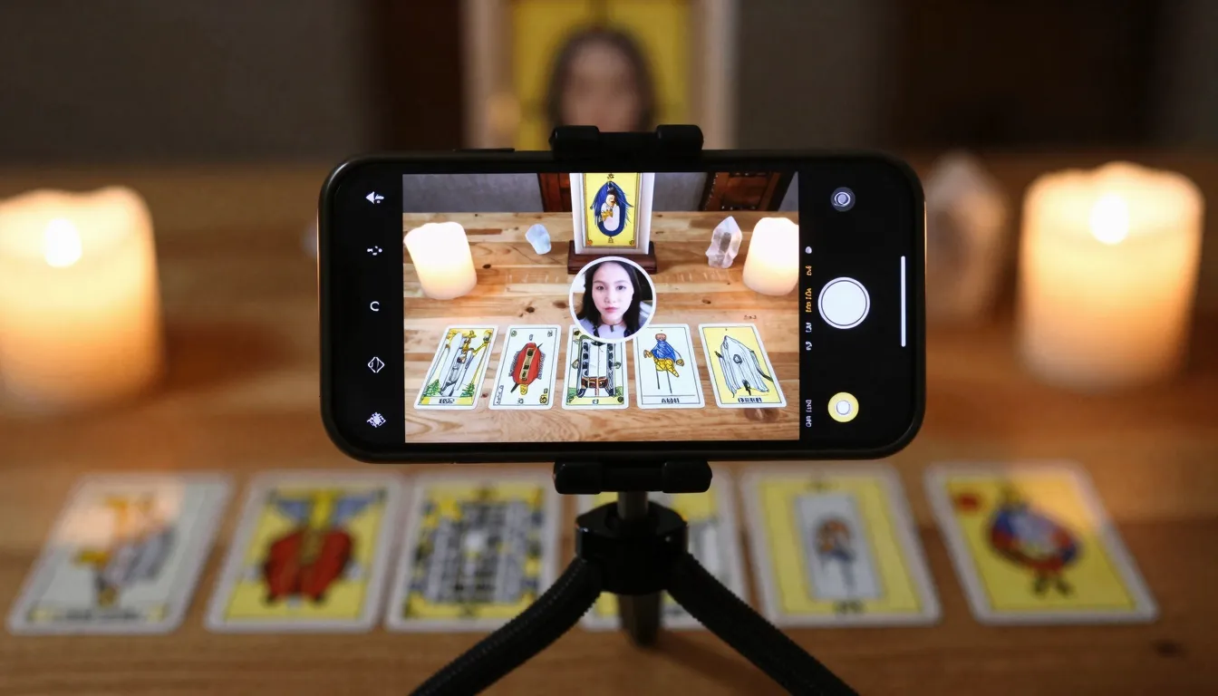 A smartphone mounted on a flexible tripod over a wooden tabl...