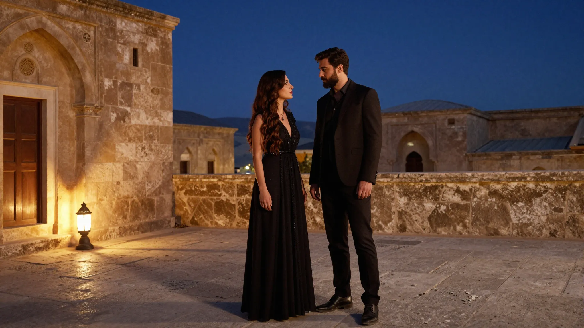A dramatic scene on a stone terrace in Mardin at twilight. A...