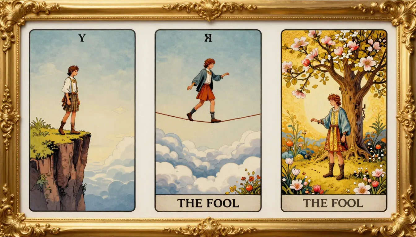 A single wide tarot card titled 'THE FOOL' at the bottom. Th...