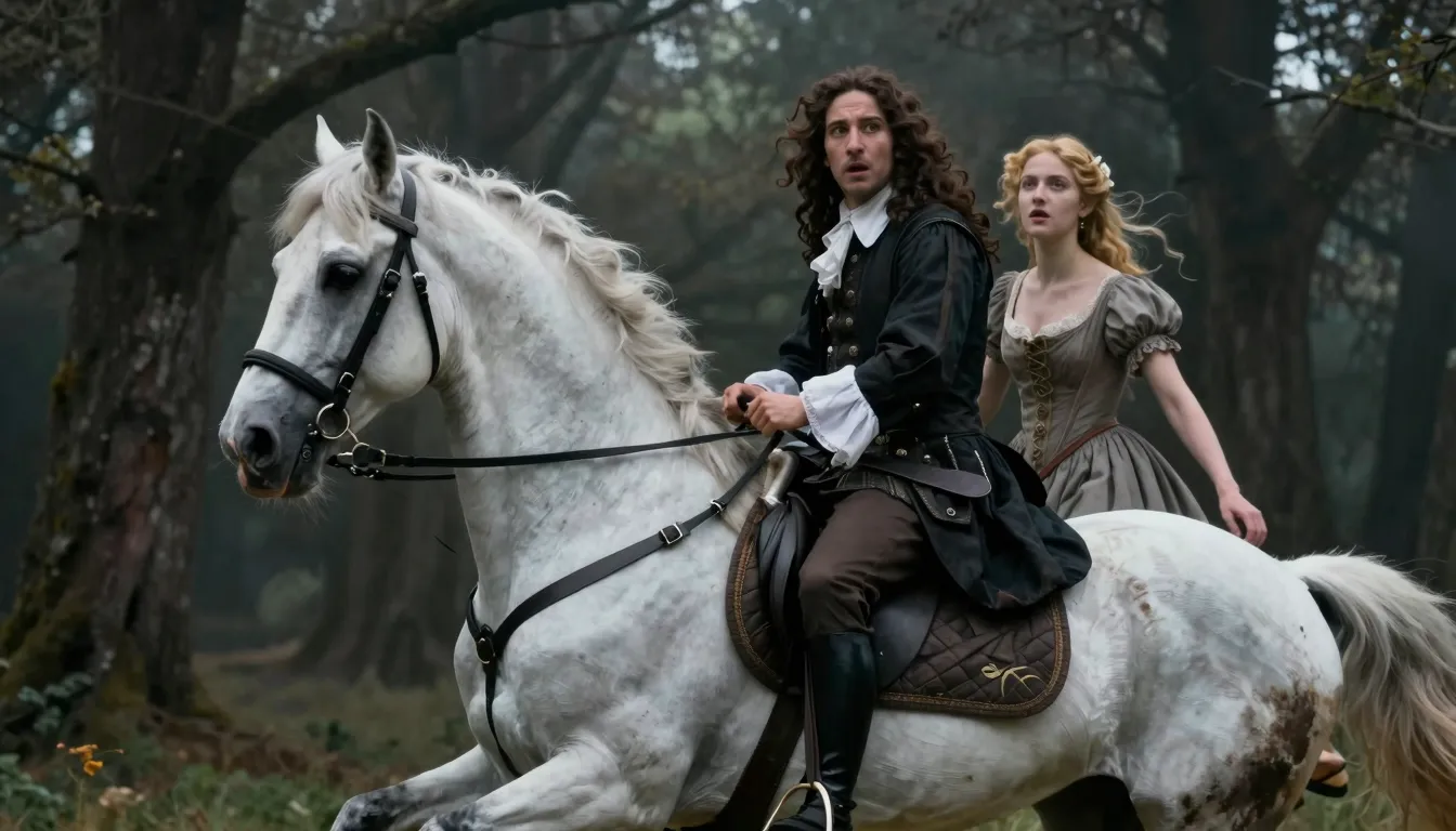 A 17th-century French nobleman on a white horse looking back...