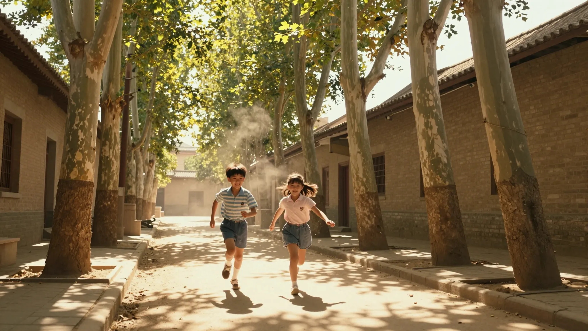 Cinematic shot of a sun-drenched old courtyard from the 1980...