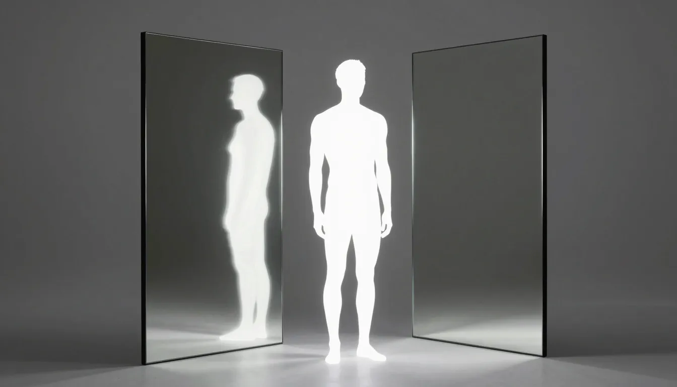 A human silhouette made of pure white light standing between...