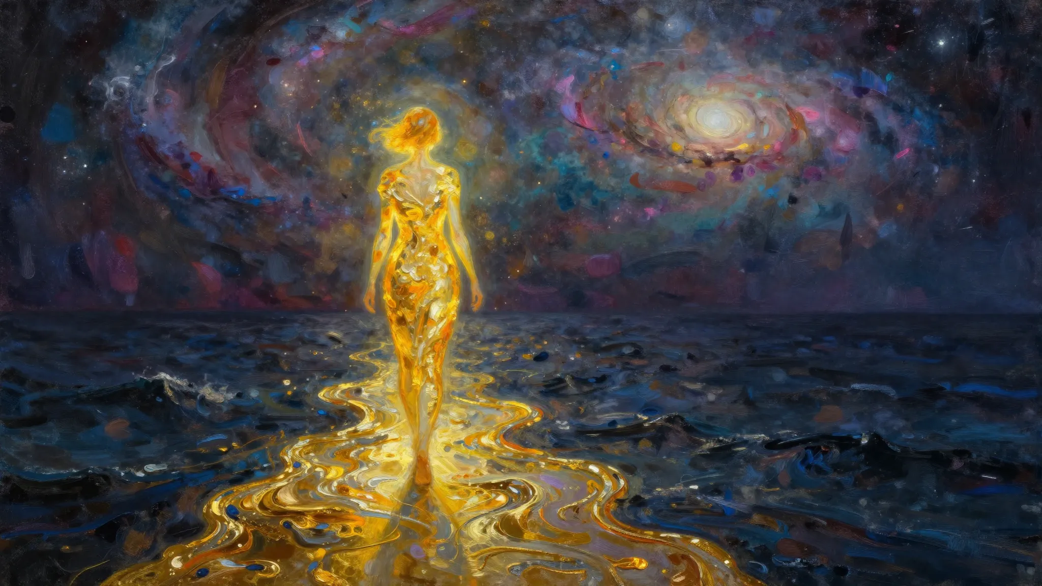 Ethereal oil painting style, a lone figure walking on a path...