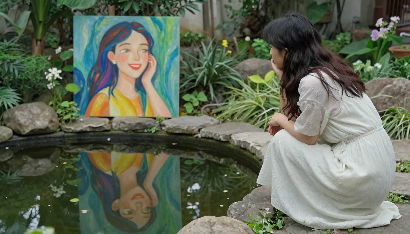 A serene woman sitting in a garden, looking at her reflectio...