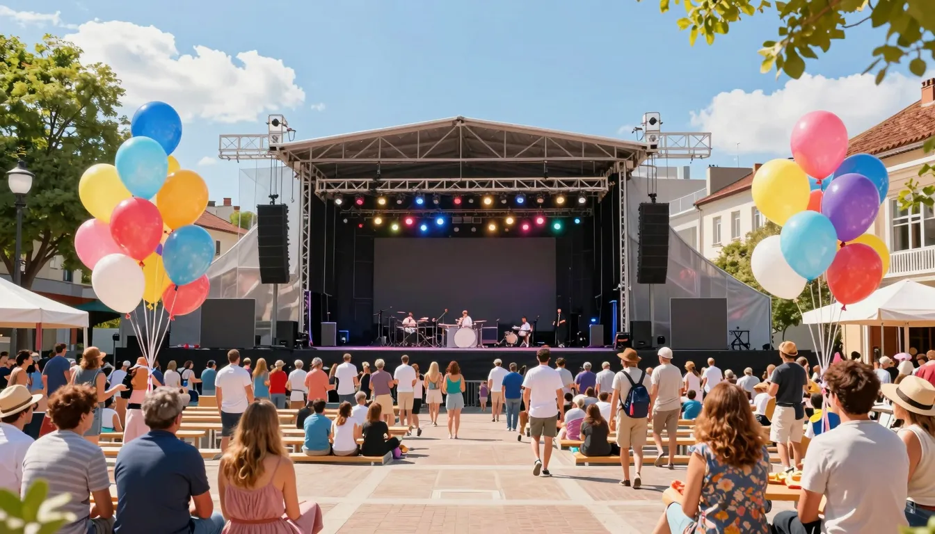 A festive city square with a large concert stage, colorful b...