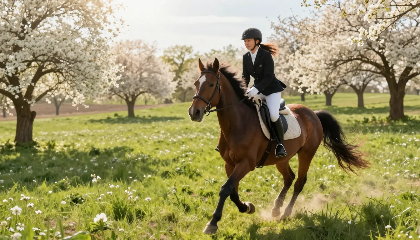 A person riding a horse through a lush green field with bloo...