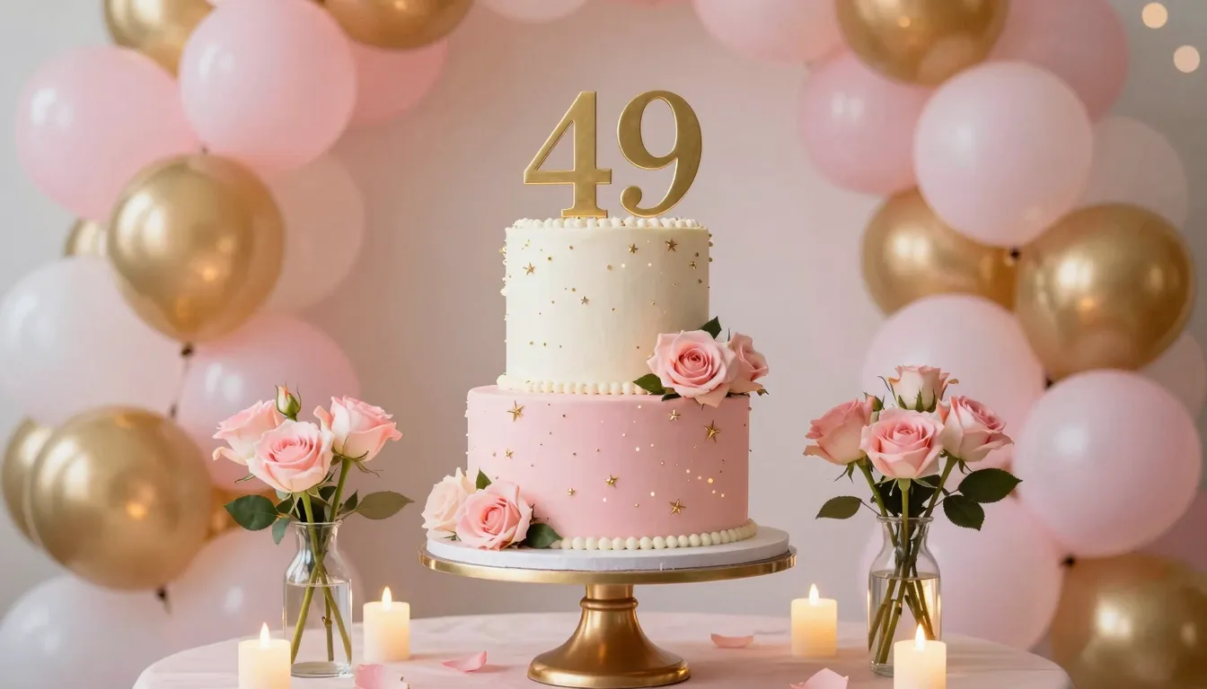A sophisticated 49th birthday celebration setup for a woman,...