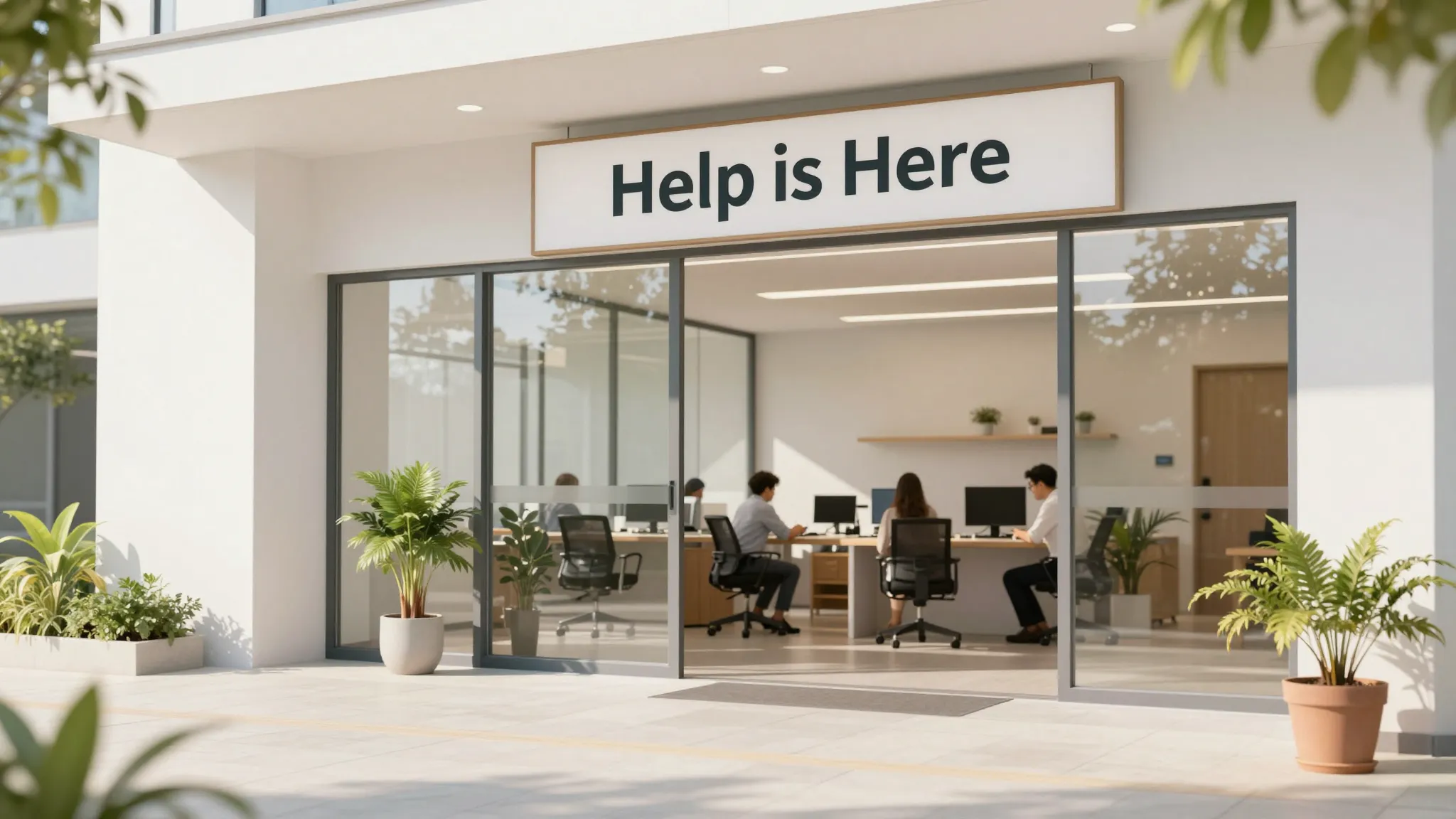 A friendly and welcoming office entrance with a sign 'Help i...