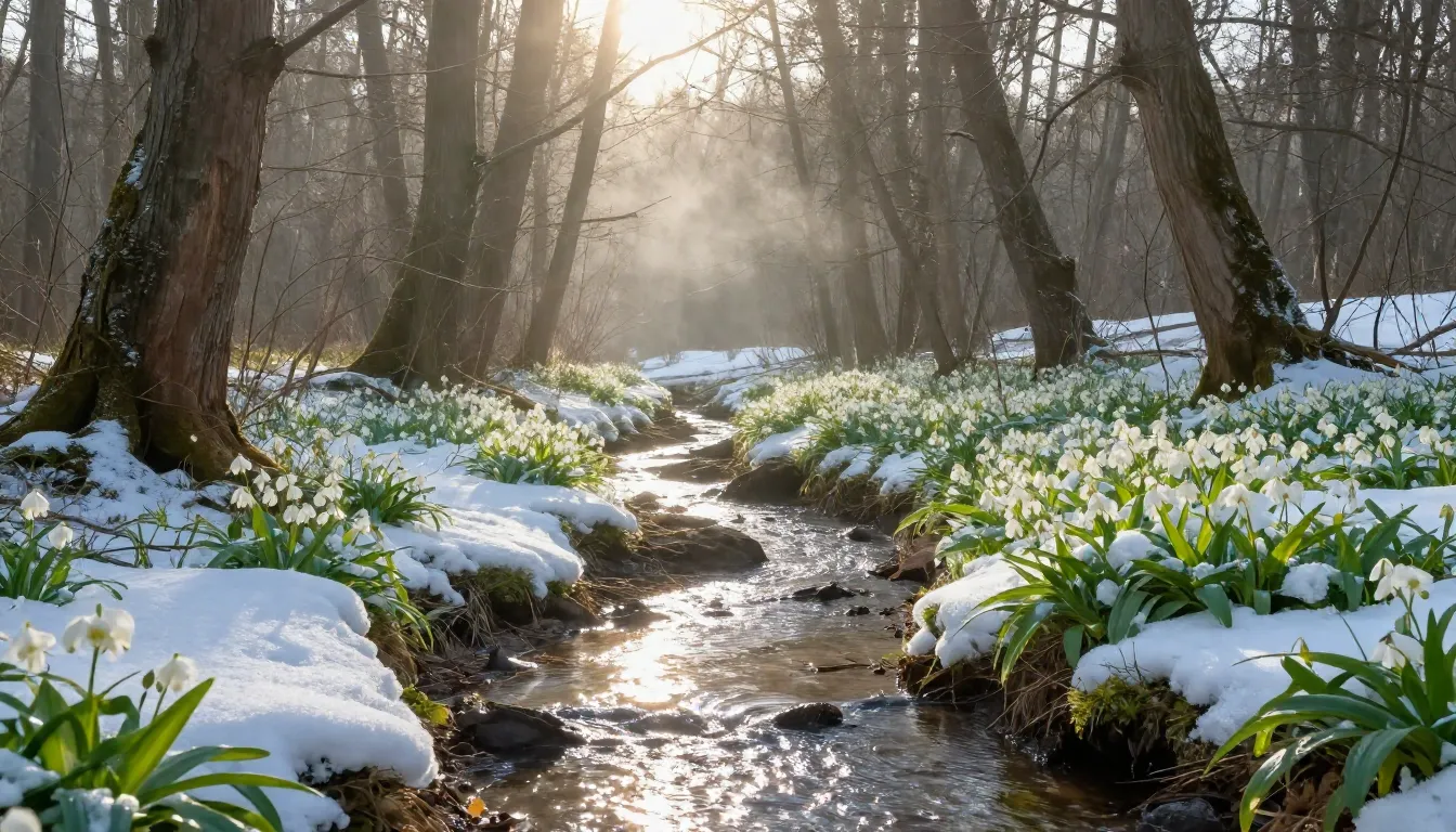 Magical spring forest, a small stream flowing through trees,...