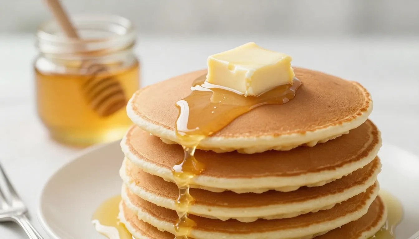 A stack of fresh golden pancakes with a melting piece of but...