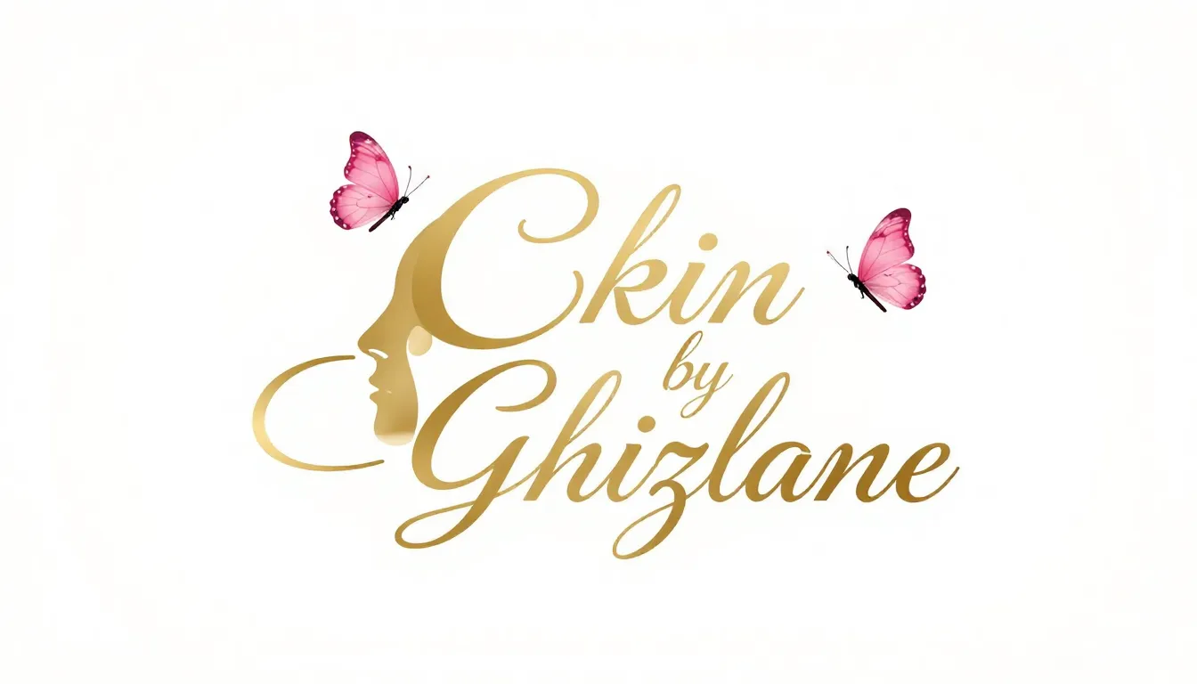 Luxury logo design, 'Skin by Ghizlane' written in gold calli...