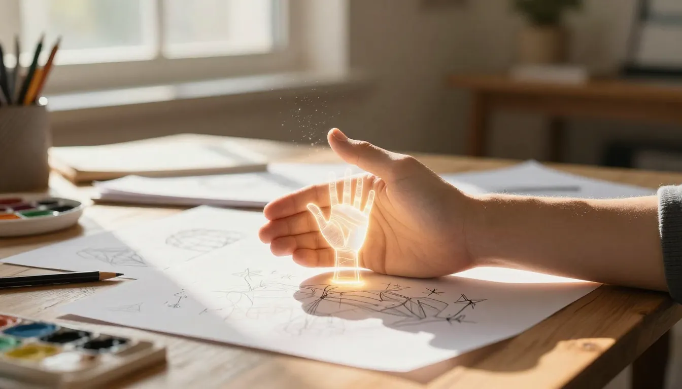 A warm and inviting scene of a human hand and a glowing digi...