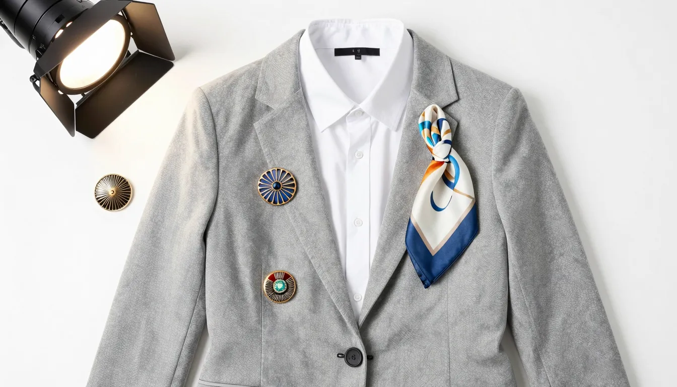 A flat lay of a modern capsule wardrobe: a white shirt, a gr...