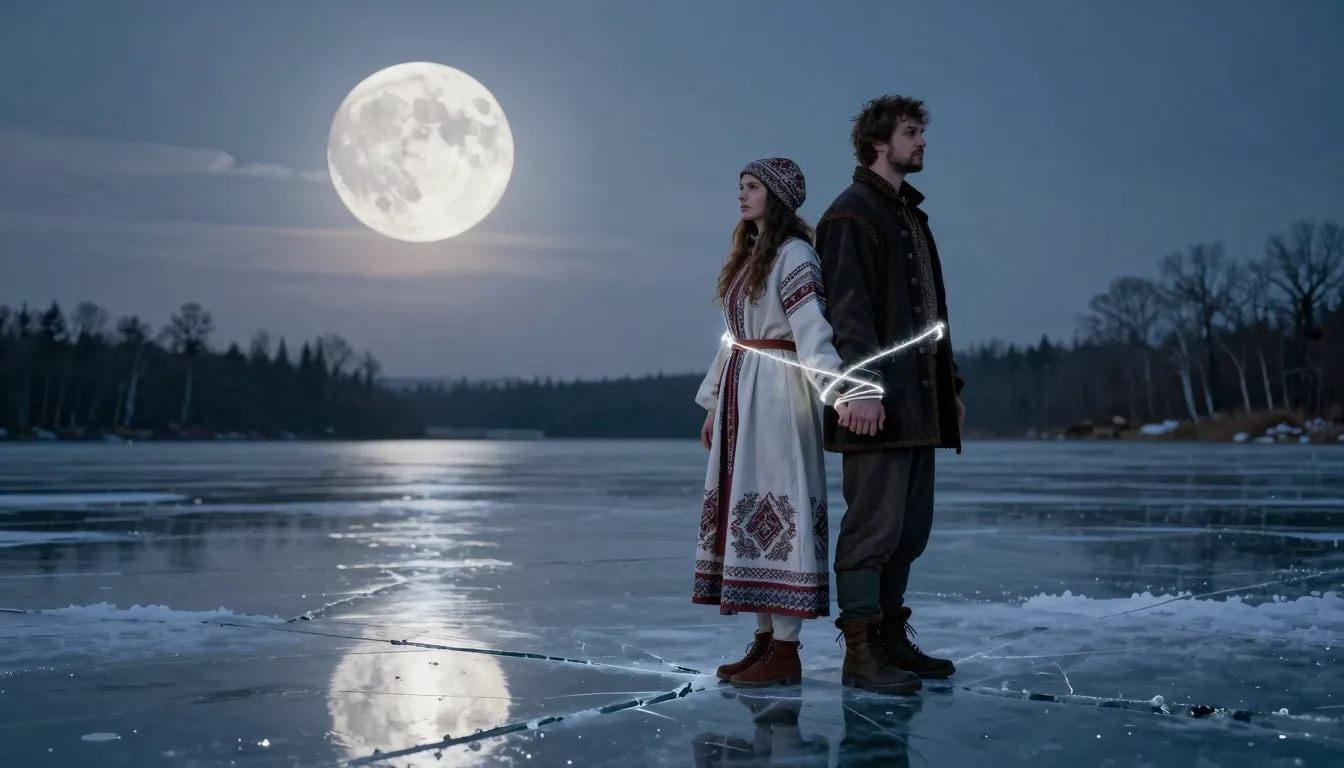 A metaphorical scene at twilight. A Slavic woman stands by a...