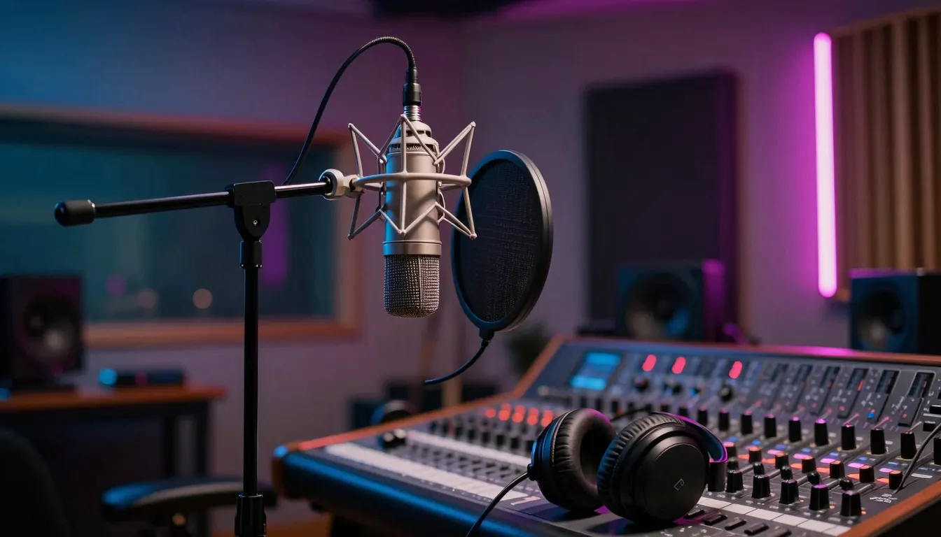 A modern music recording studio with neon lights, a professi...