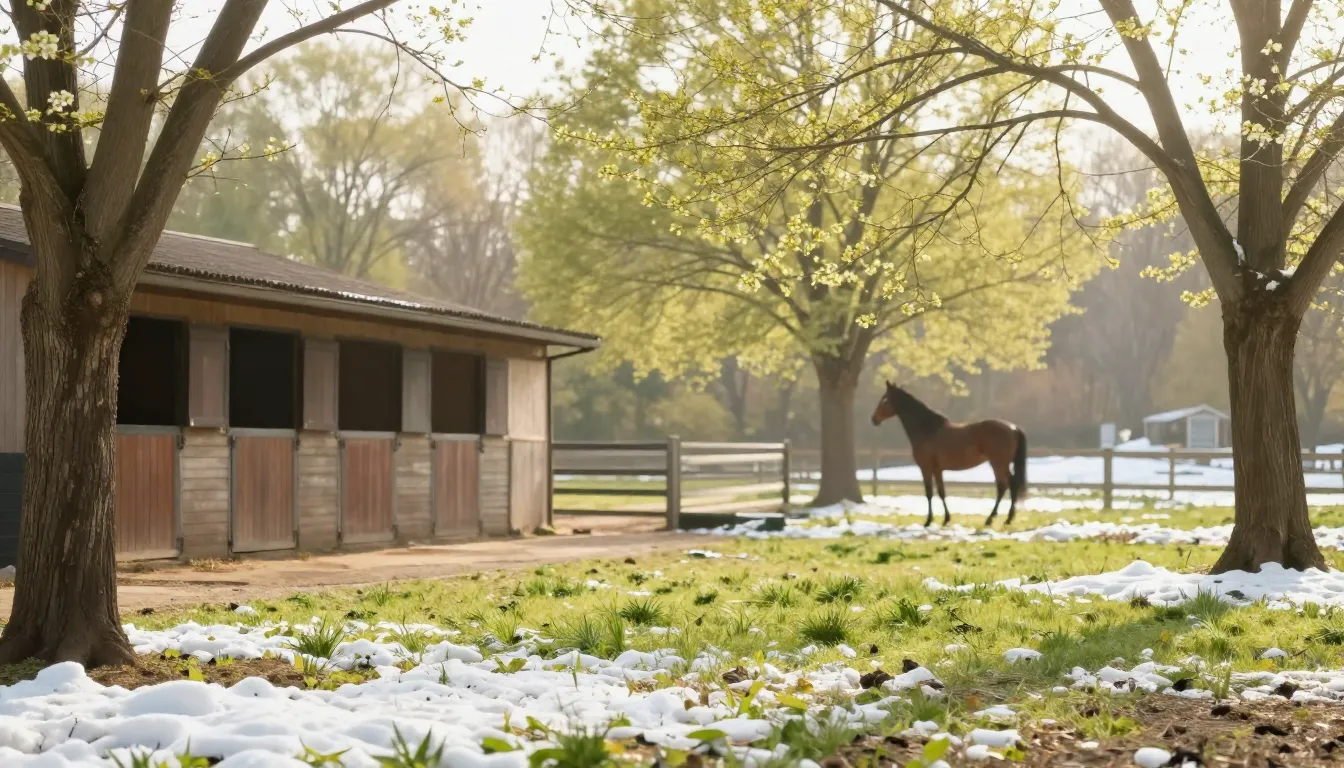 A serene and aesthetic shot of a stable or horse pasture in ...