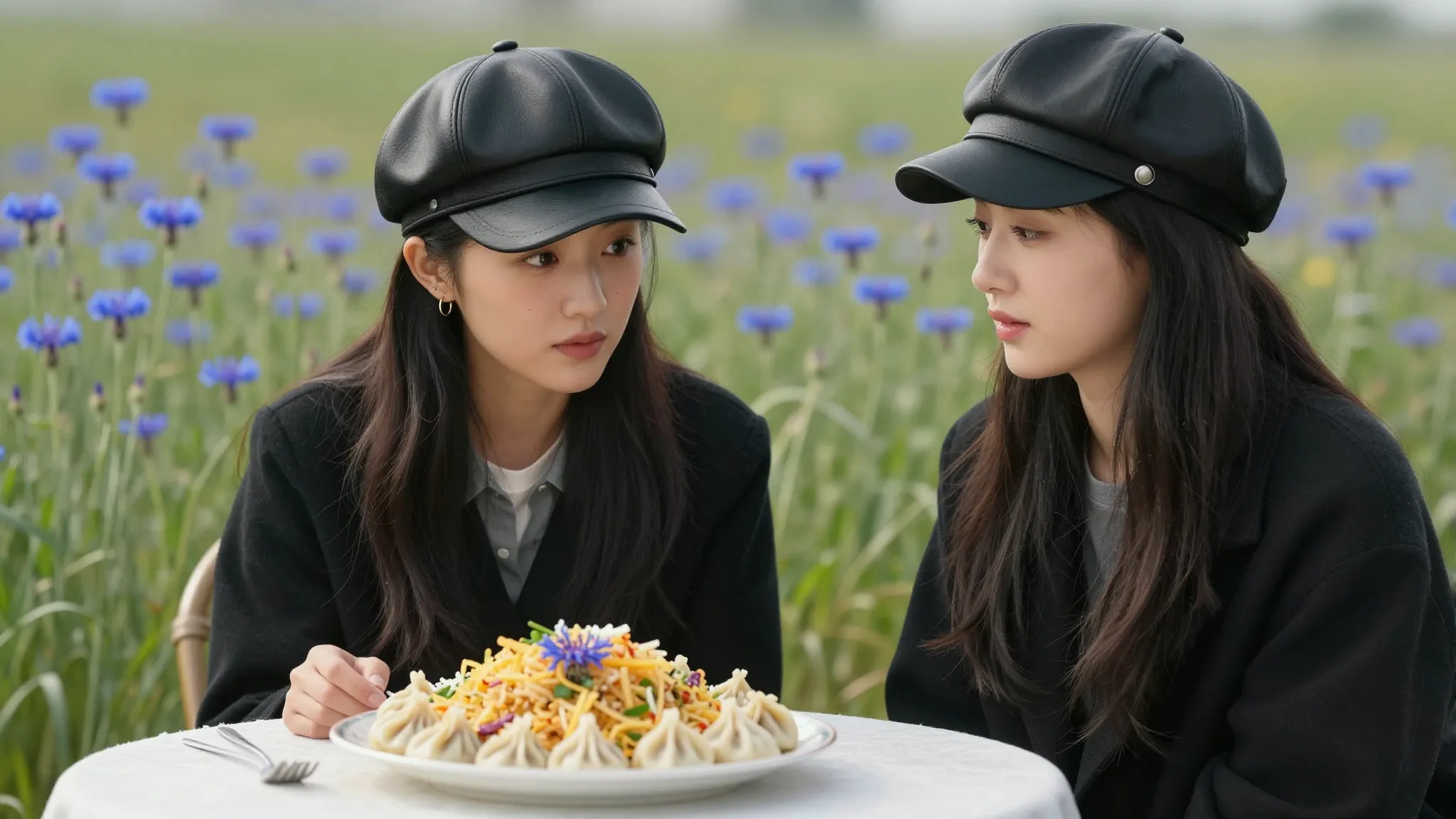 Two beautiful Chinese women sitting at a table in a meadow o...