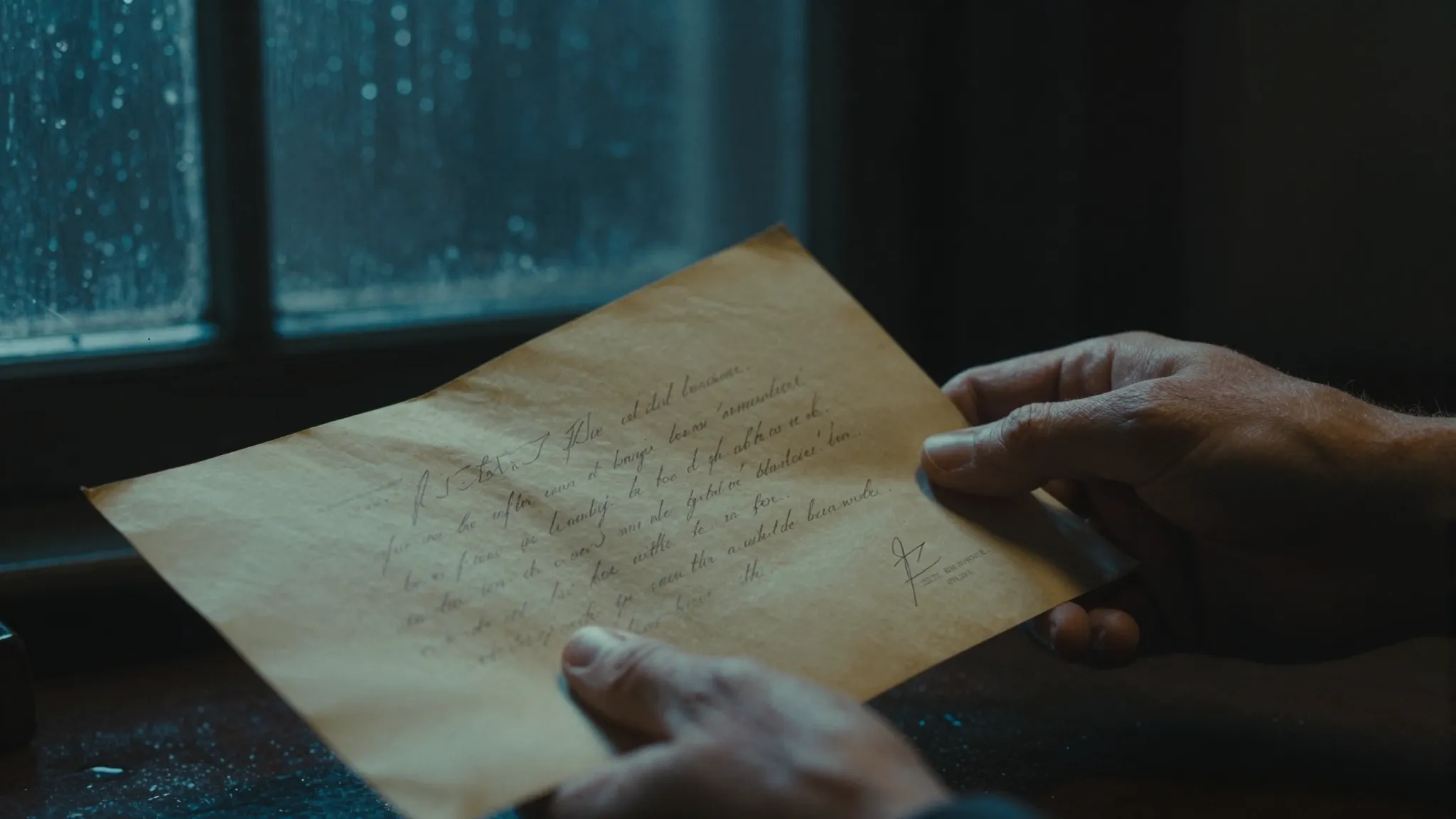 Cinematic close-up of a man's trembling hands holding old, y...